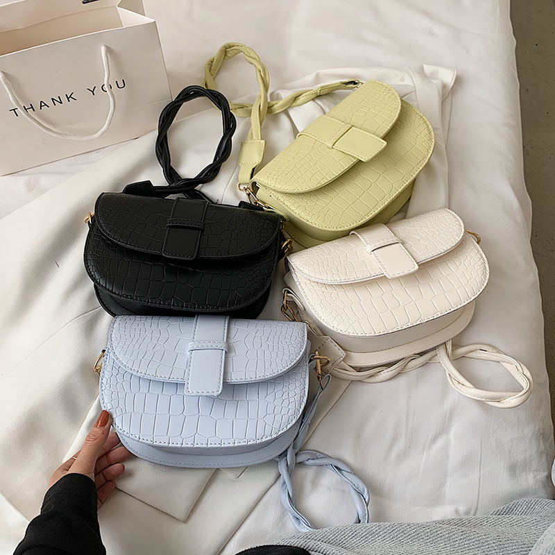 

Crossbody Bags Small Stone Pattern PU Leather Saddle For Women 2021 Summer Simple Shoulder Trending Handbags, Black