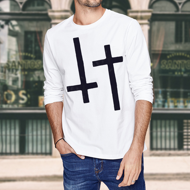 

autumn new men's long sve fashion brand loose cotton round neck printed t-shirt men's long sve t-shirt men's wear, White;black