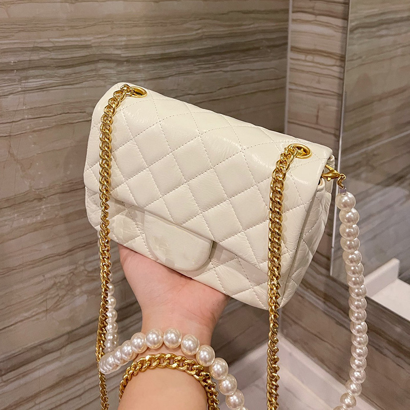 

Classic Desingers C Mini Flap Square Shouder Bags Women's Calfskin Genuine Leather Imitation Pearls Gold-tone Metal Double Chains Cross