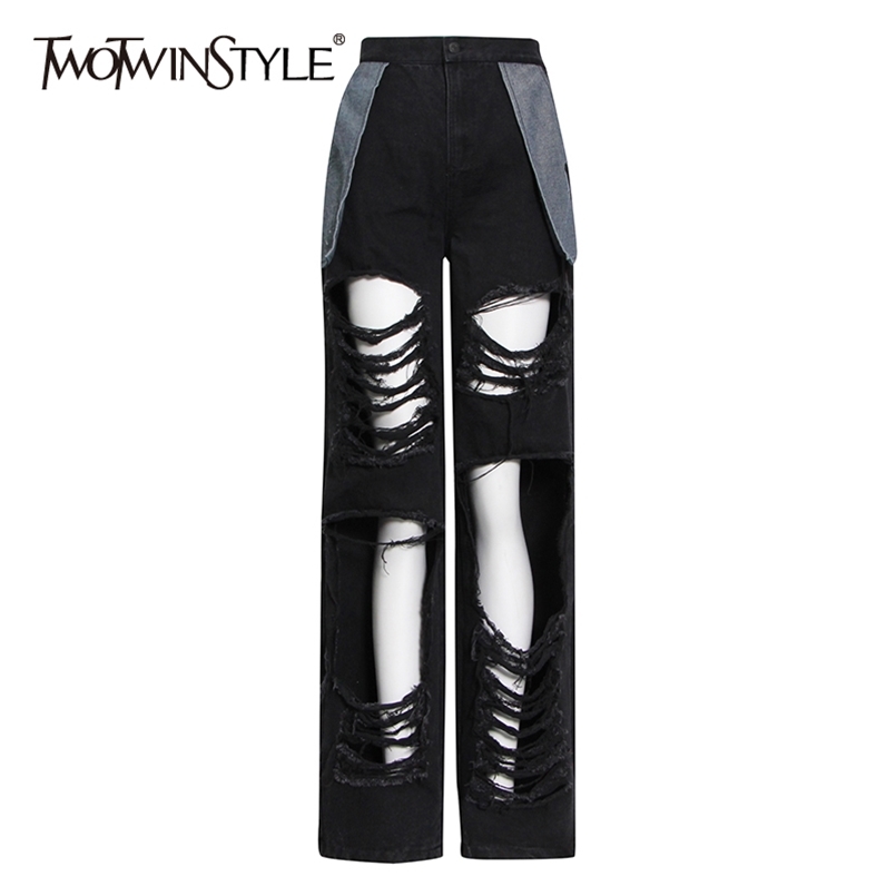 

Hollow Out Streetwear Black Jeans For Women High Waist Patchwork Tassel Casual Wide Leg Denim Pants Female 210521