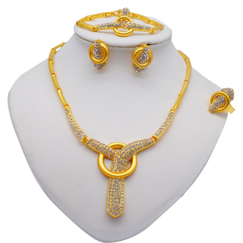 

Earrings & Necklace African Dubai Gold Color Jewelry Sets Bridal Wedding Gifts Party For Women Bracelet Ring Set, Silver