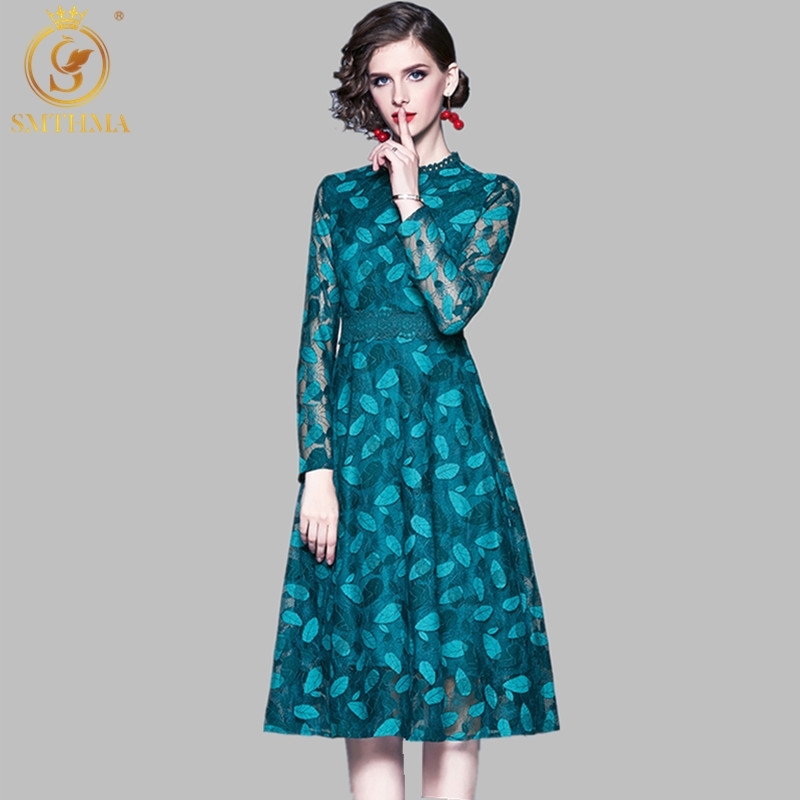 

Fashion Spring Designer Runway Dress Women Long Sleeve Flower Vintage Green Lace Office Lady Dresses Vestidos 210520, Photo color