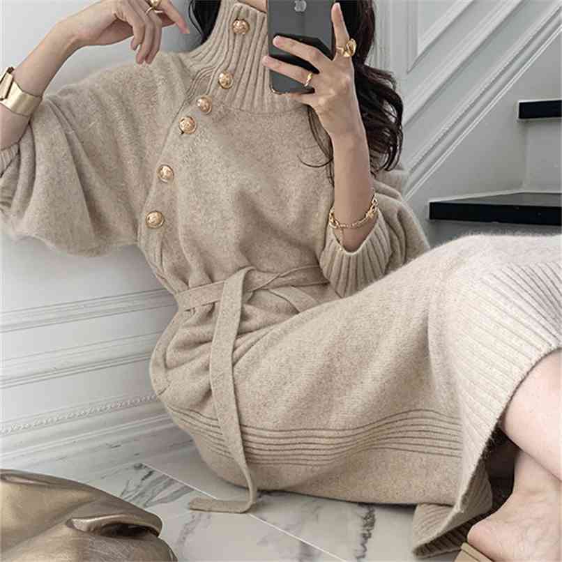 

Fashion women's sweater dress autumn and winter thread high neck gold buckle design belt knitted 210520, Apricot