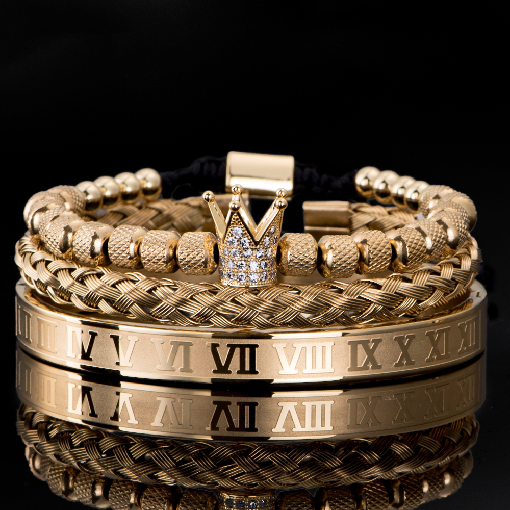 

Luxury CZ Crown Roman Royal Charm man bracelet stainless steel crystal bracelet couple handmade jewelry