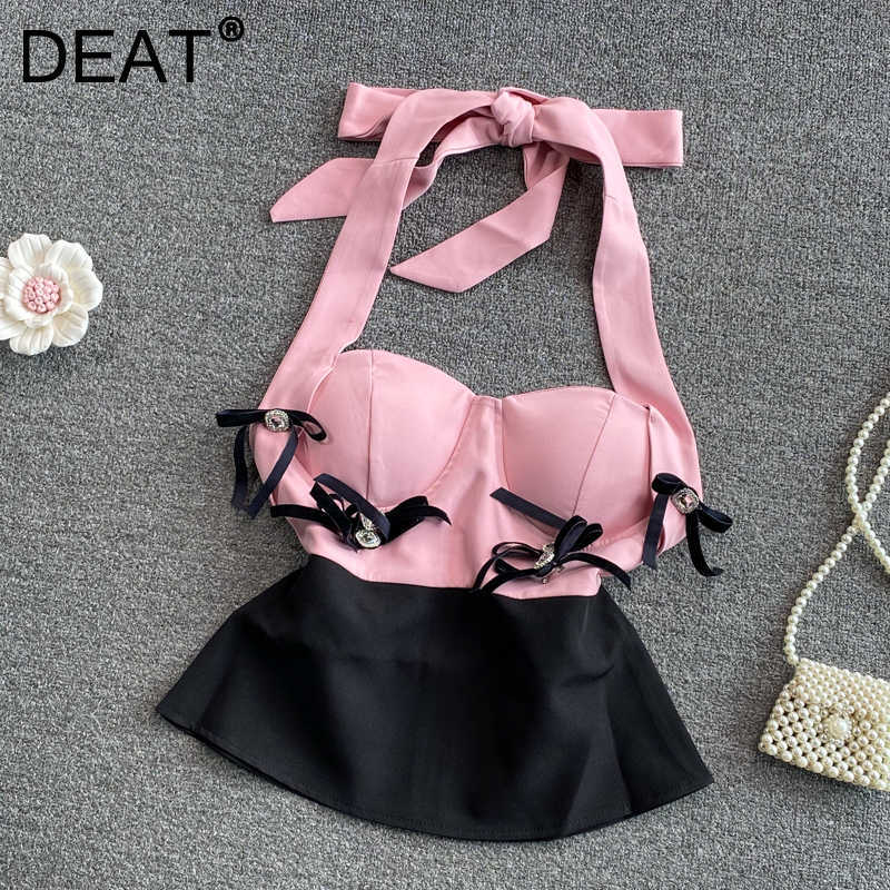 

DEAT Women Ruffled Bow Slimming Strapless Halter Neck Vest Sexy Solid Color Fashion Temperament Spring Summer 11D1408 210709, White