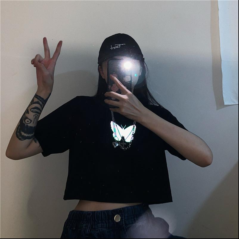 

summer women t shirts casual club womens shirt korean reflective butterfly print loose short sleeve harajuku vintage, White