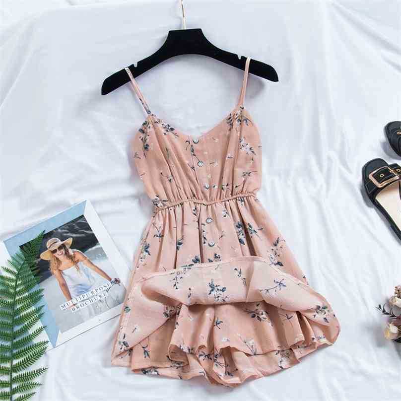 

Women Sweet Floral Print Jumpsuits Summer Sexy V Neck Spaghetti Strap Body Playsuit Woman Beach Chiffon Overalls Romper 210525