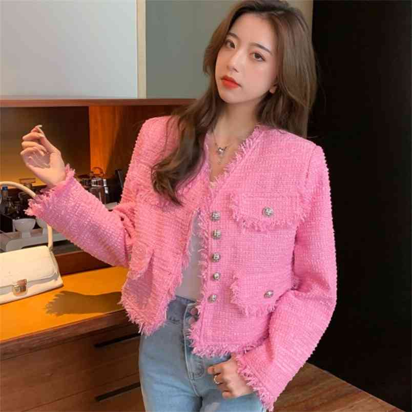 

Spring Vintage Women Single-Breasted Pink Tweed Coat Elegant Fashion V-Neck Long Sleeve Tassel Outwear Femme 210519, Green