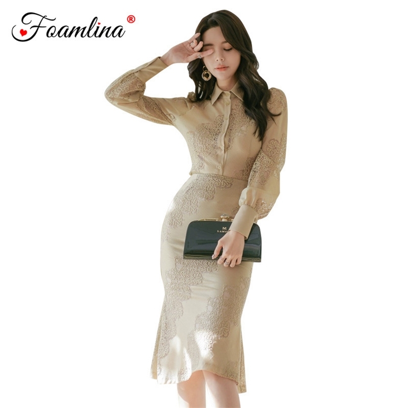 

Spring Fashion Women Lace Two Pieces Sets Hollow Out Floral Long Sleeve Shirt High Waist Ruffles Skirt OL Work Suits 210603, Apricot