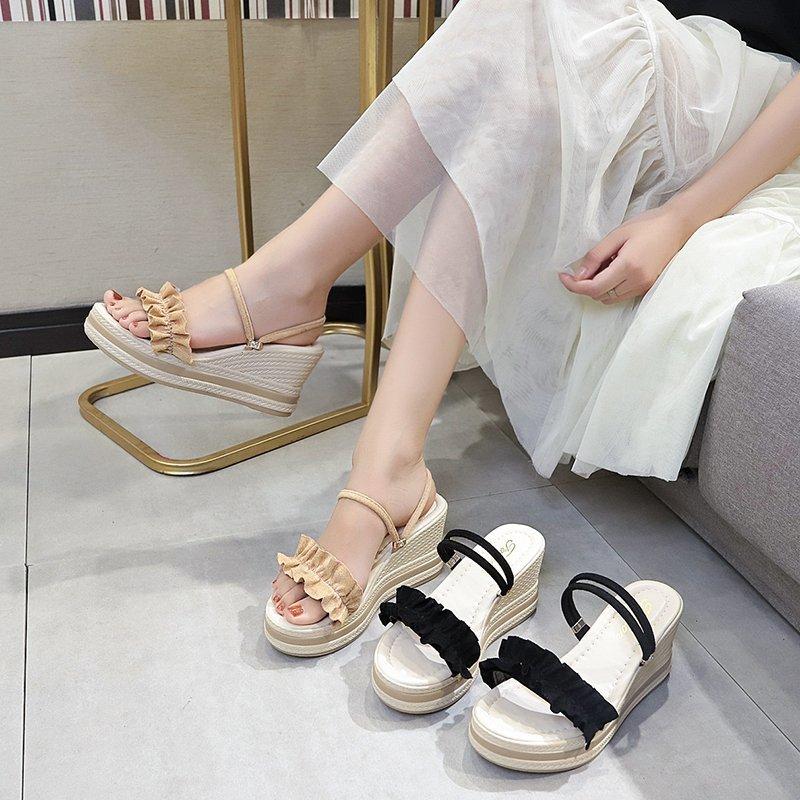 

Shoes Women On A Wedge Slippers Casual Slides Heeled Mules Platform Soft Luxury Flat High Floral Rome PU Fabric, Black