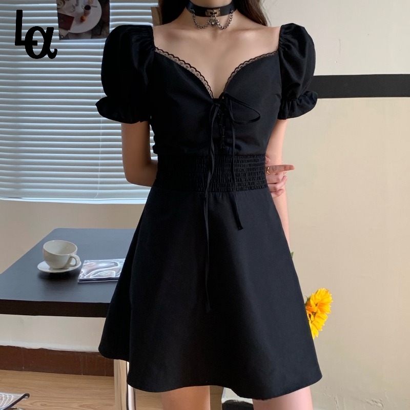 

Summer Vintage Retro Dress Women Elegant Sweet Goth Kawaii Female High Street Casual Black Korean 210519