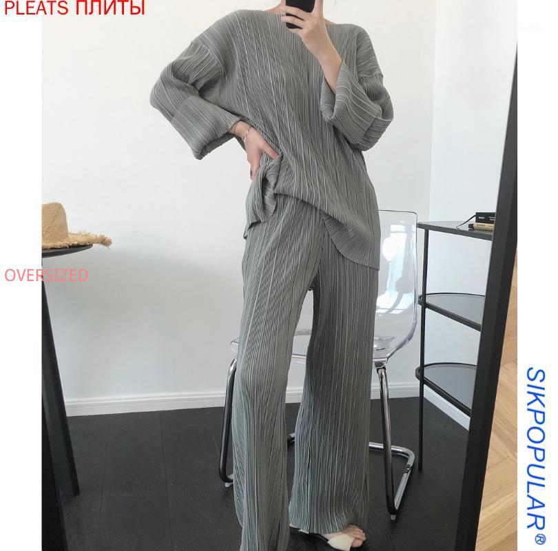 

Women's Tracksuits Korean-style Stretch Drape High Waist Straight Leg Pants Loose Thin T-shirt Pleated Suit Autumn 2 Piece Set Women, Gray