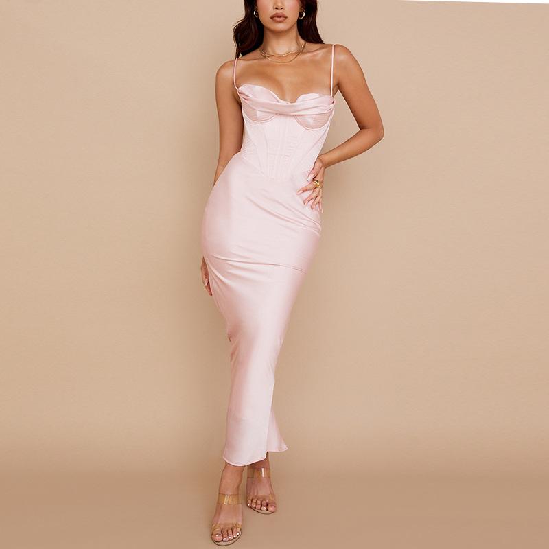 

Casual Dresses Summer Satin Maxi Bodycon Dress Women Party 2021 Arrivals Pink Fishbone Celebrity Evening Club Night, Fishbone dress