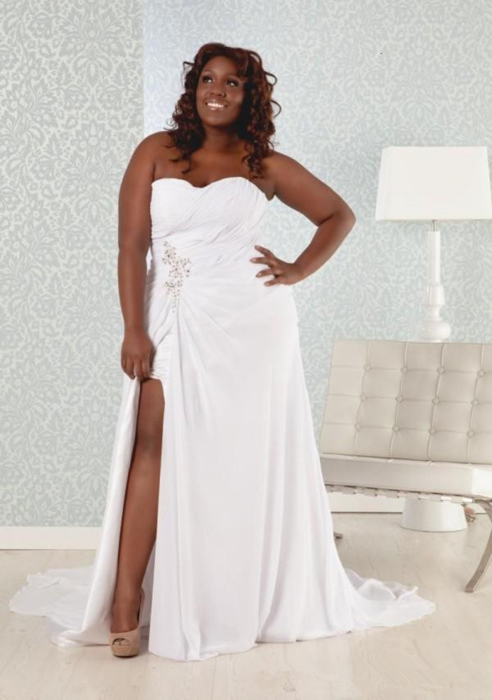 

African Plus Size Wedding Dresses High Split Beach Style Beaded Crystal Pleats Sweep Train A-Line Sweetheart Chiffon Bridal Gowns 2019 W950, Custom color