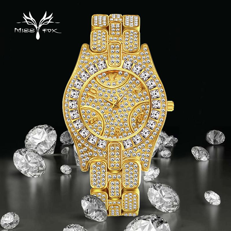 

Men's Waterproof Fashion Diamond Bling Man Bracelet Stainless Steel Watches Big Dial Drop Wristwatches, V150-g