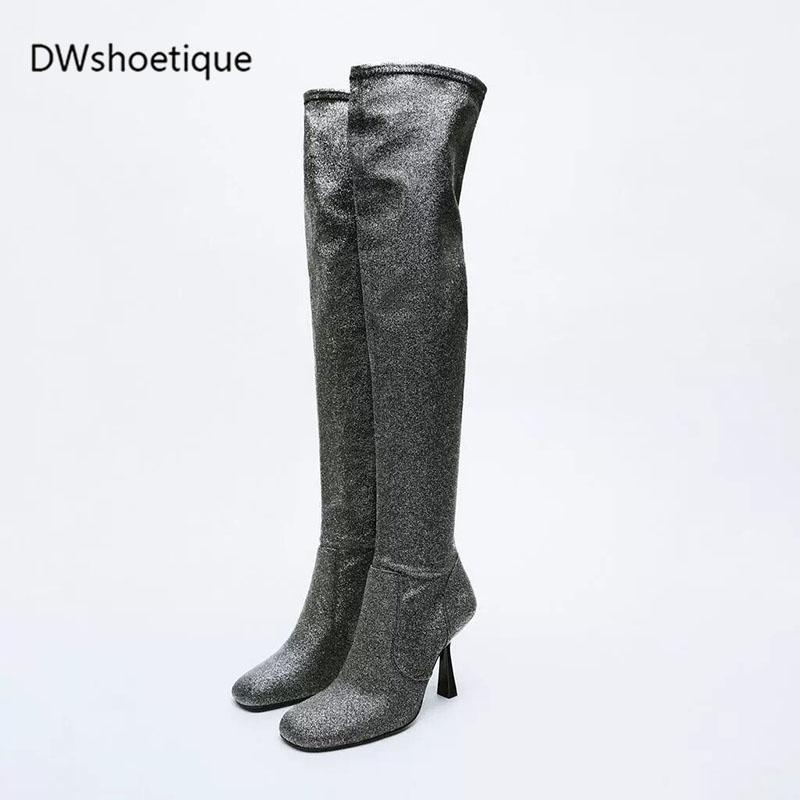 

Boots Sexy Blingbling Women Party Square Toe Thin Heel Stretch Over Knee, Grey