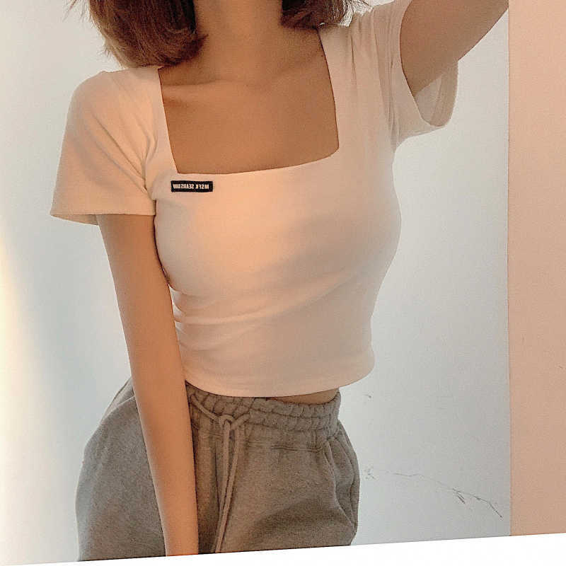 

WOMENGAGA T-shirt Women's Short Square Collar Sexy Navel Exposed White Pasted Sleeve Top Summer Tops Tshirt 437B 210603, Black