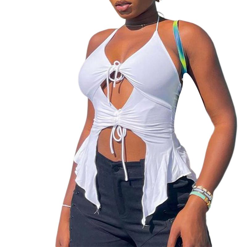 

Women's Tanks & Camis Summer Women Sexy Hollow Out Vest Casual Solid Color Halter Neck Irregular Hem Crop Tops Black White