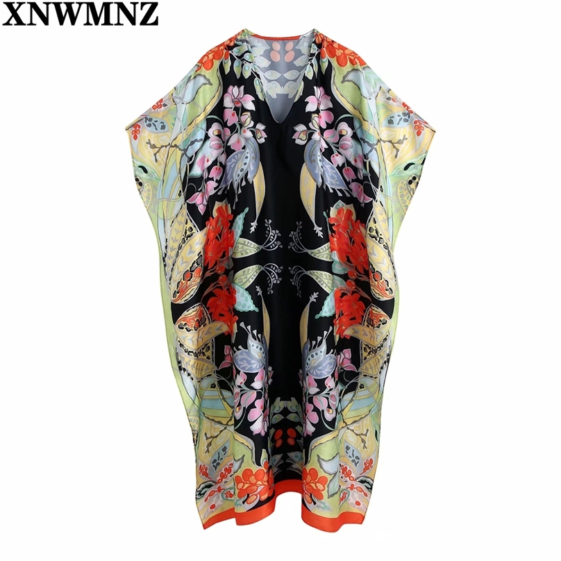 

Women Fashion V Neck Position Floral Print Loose Midi Dress Female Vintage Batwing Sleeve Side Split Kimono Vestidos 210520, Multi
