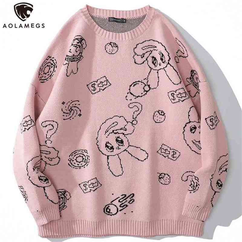 Aolamegs Men Sweater Cartoon Cute Rabbit Strawberry knitted Pullover Sweaters Couple O-Neck Casual Soft College Style Streetwear 210809