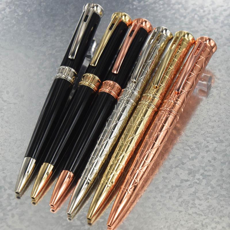 

6 Colors High Quality Classic Ballpoint Pen texture Triangle pattern/Smooth black Barrel Luxury School Office stationery+Gift Refills & Plush Pouch, Golden / silver