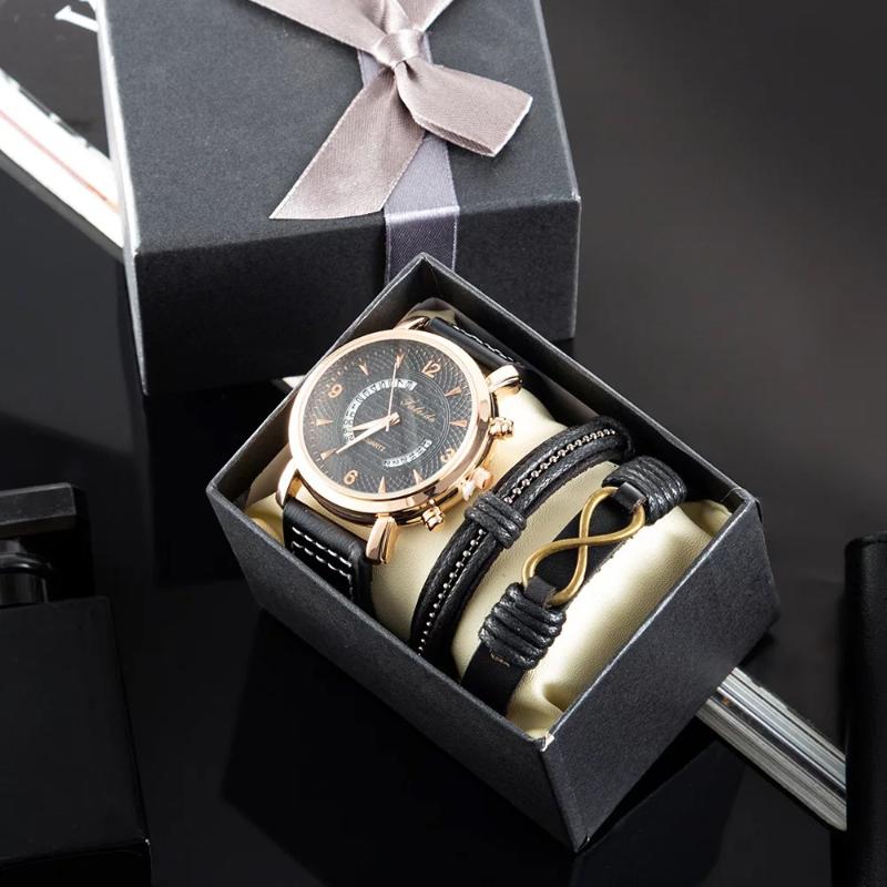 

Wristwatches Wristwatch Bracelets 3Pcs Male Clock Quartz Watch Men Luxury Business Wrist Relogio Masculino With Leather Bracelet, Brown set