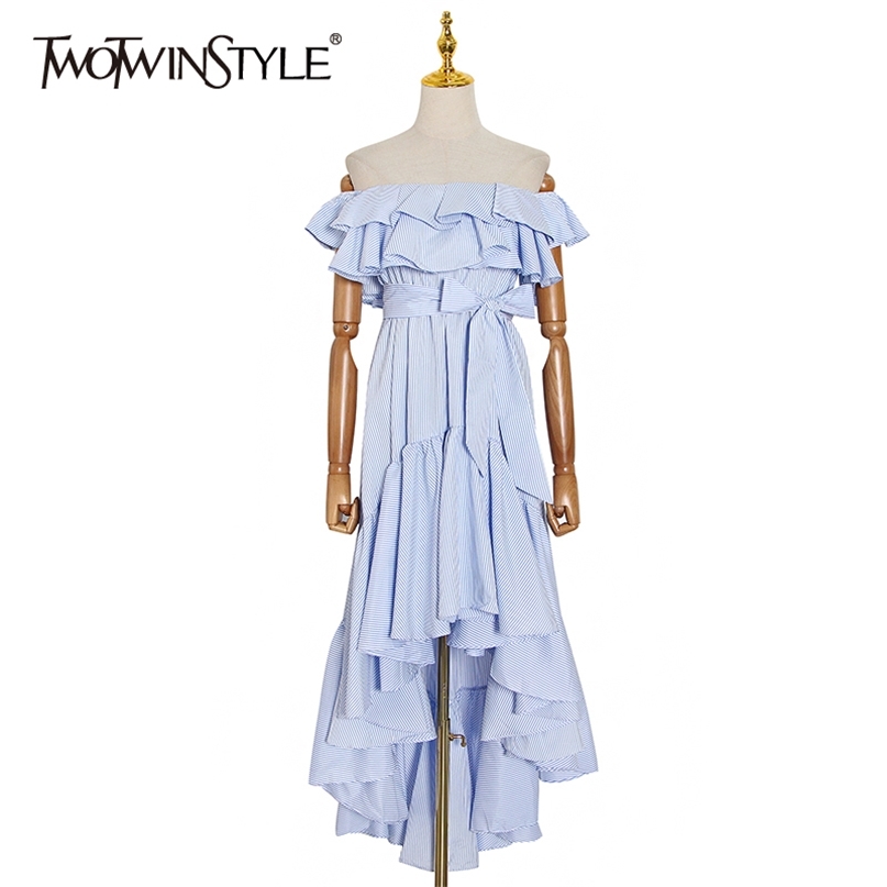 

Casual Striped Dresses Female Slash Neck Lantern Sleeve High Waist Irregular Hem Patchwork Ruffles Women Dress 210520, White