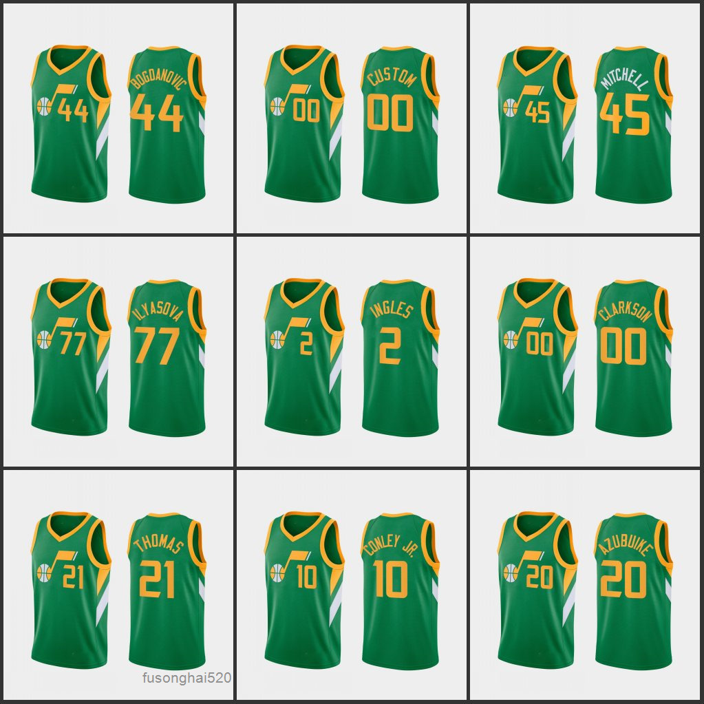 

Printed Custom UtahJazzMen Donovan Mitchell Bojan Bogdanovic Mike Conley Jr. Jor dan Clarkson Rudy Gobert Custom Green Earned Edition Jersey