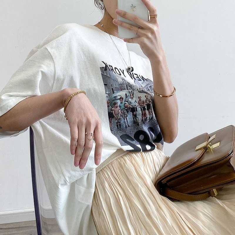 

Spring Autumn Printed O-Neck Short Sleeve T-shirt Women's Korean Fashion Cotton Tops Female 210607, White