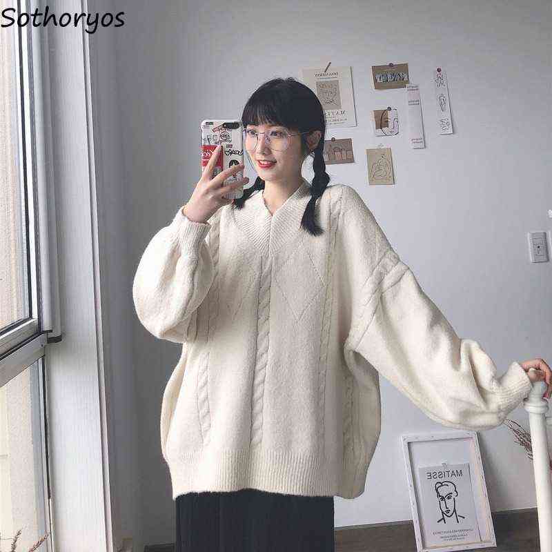 

Spring Fall Pullover V-neck Preppy Medium Long Baggy Lantern Sleeved Solid Simple Jumpers Designed Sweet Student Knitted Sweater Y1110, Blue