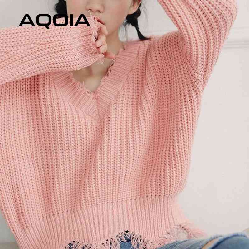 

Harajuku Loose Tassel Short Women Sweaters Korea Oversize Knit Woman Sweater Winter Solid Hole Female Pullover Clothing 210521, Random color