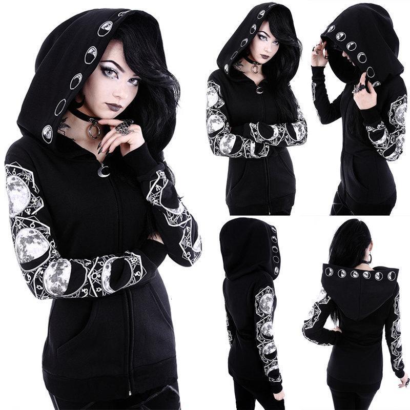 

hoodies 5xl Gothic Punk Women Print Long Sleeve Hoodies Sweatshirts Casual Zipper Jacket Hooded Tops Female Autumn Winter Black Hoo