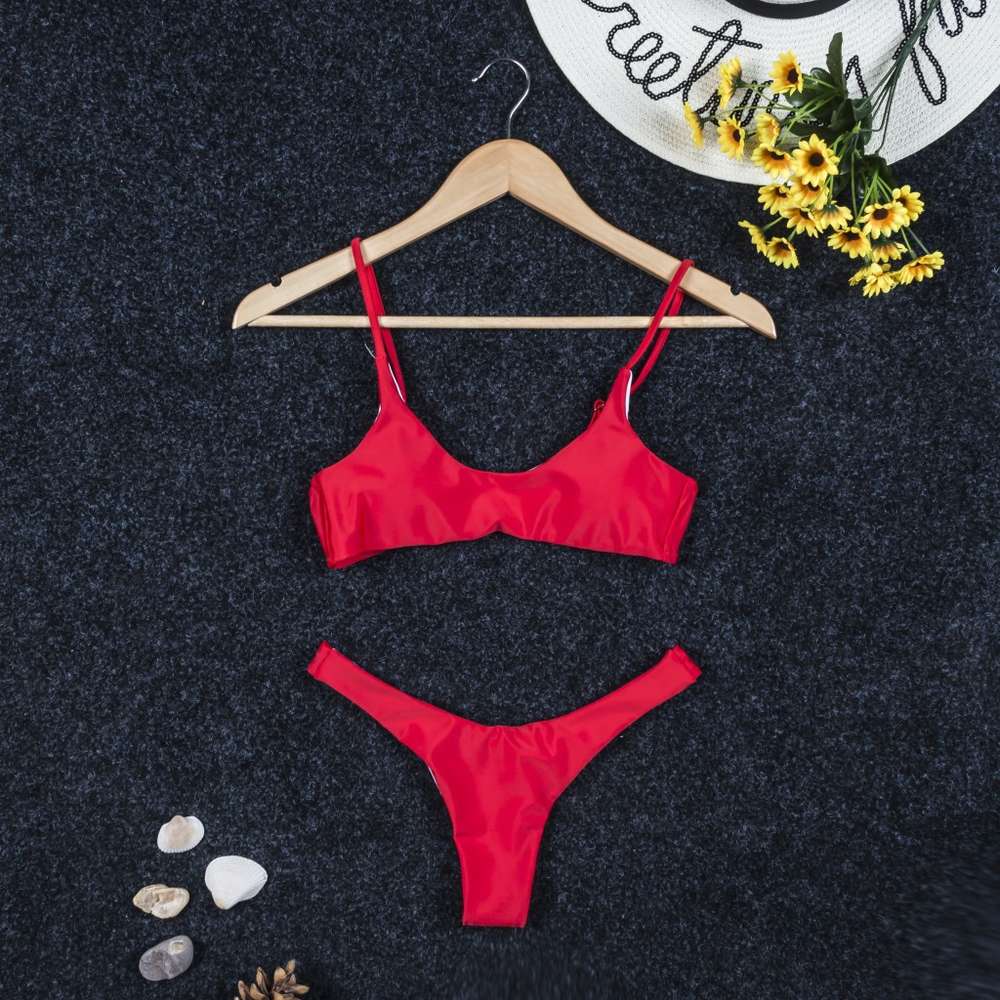 Sexy Solid Large Bikini Swimsuit Women&#039;s Split Red Multi Color triangl swimwear-image-692569317