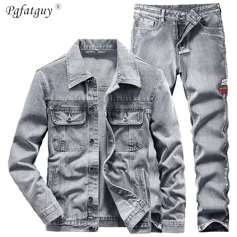 

Casual Tracksuit Spring Autumn Mens Streetwear Fashion Slim Denim Suit Single-breasted Long Sleeve Jacket and Jeans 2 Piece Set, 031