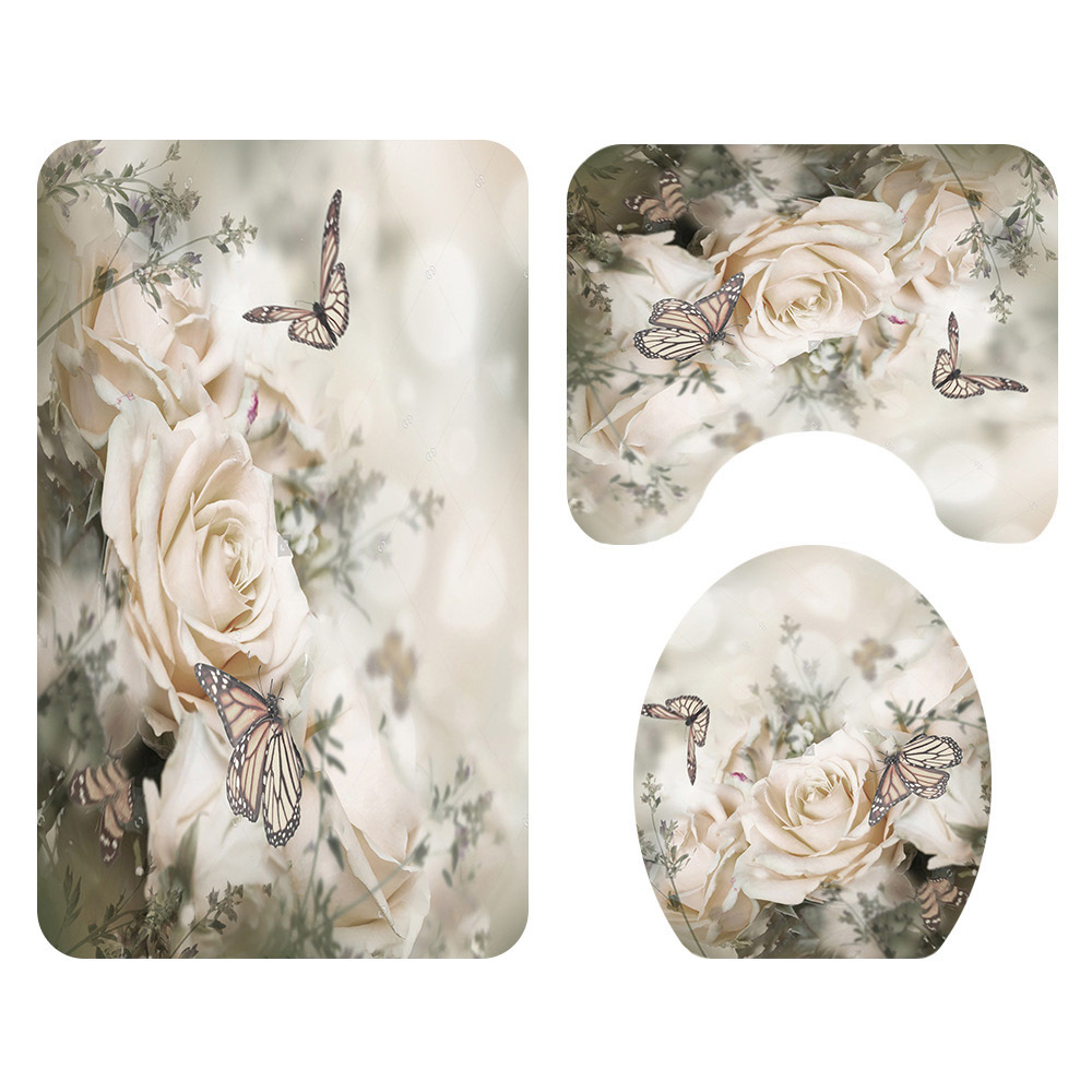 Bath Mat 3 PCS/Set Daisy Rose Printed Pattern Toilet Cover Foot Pad Non-slip Absorbent Bathroom Door Mat Bath Rug Carpet-image-689817970