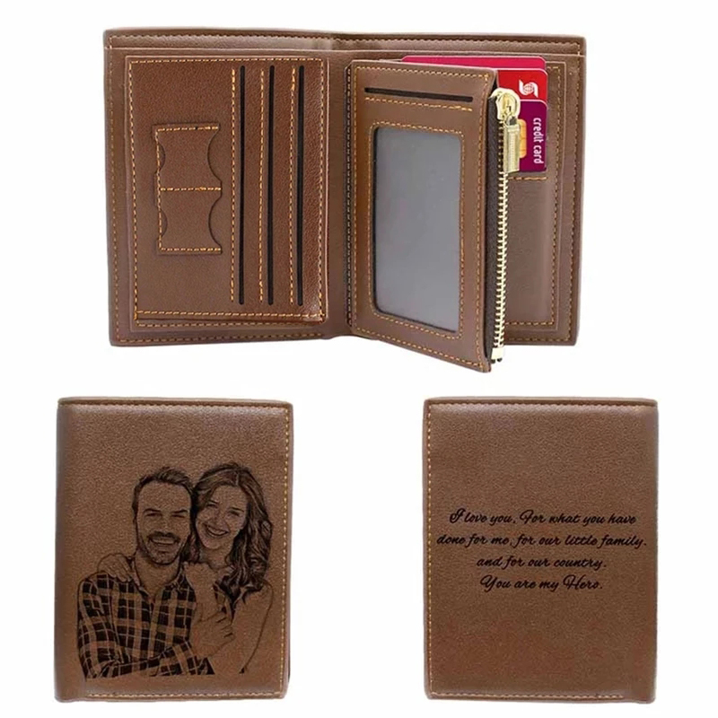 

No LOGO Custom Men's Engraved Photo Short PU Leather Customized Picture Engraving Text Wallet Father's Day Gift, Brown