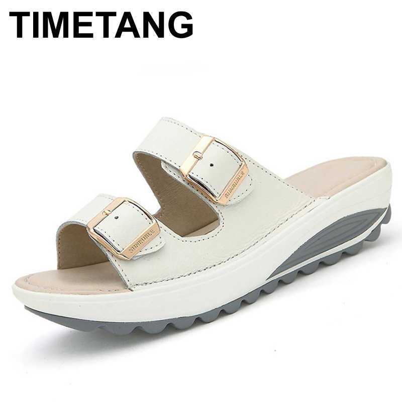 

TIMETANG New Summer women sandals buckle genuine leather platform shoes rubber outsole woman soft beach sliders wedges sandals Y0721, Beige