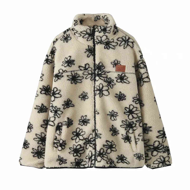 

Winter Women Fashion Keep Warm Flower Pattern Faux Fur Coat Female Zipper Placket Long Sleeve Jacket Chic Top 210520, As picture