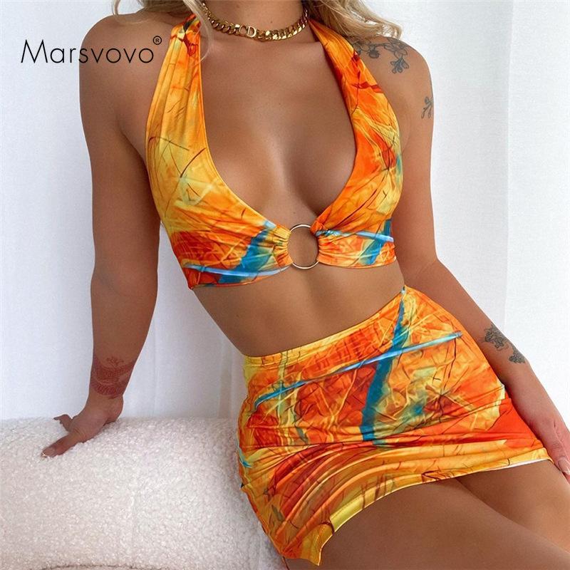 

Girl Clothing Set Bikini 2021 Beachwear Women Halter Top High Waist Swimwear Sexy Backless Printed Wire Free Bikinis Women's, Orange dress