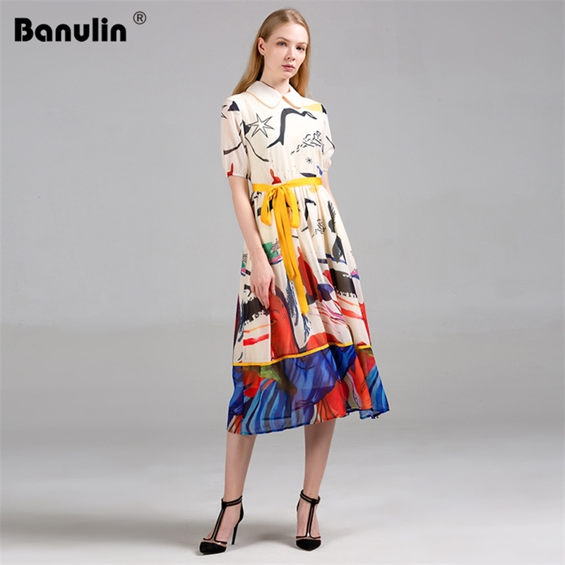 

Banulin Runway Summer Dress For Women Peter Pan Collar Short Sleeve Graffiti Pattern Holiday Chiffon Long robe femme 210603, The picture color