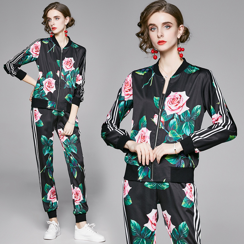 

Womens Sports Two Piece Sets Floral Printed Long Sleeve Zippered Jackets + Long Pants 2 pcs Runway Ladies Designer Tracksuits Outfits, Customize