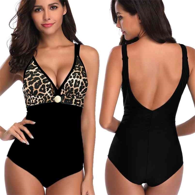 

SGCHUA Leopard Swimwear Plus Size 5XL Women's Swimsuits Mermaid Backless Beach Bathing Suit Big Chest Bather Bodysuit 210630, As pic