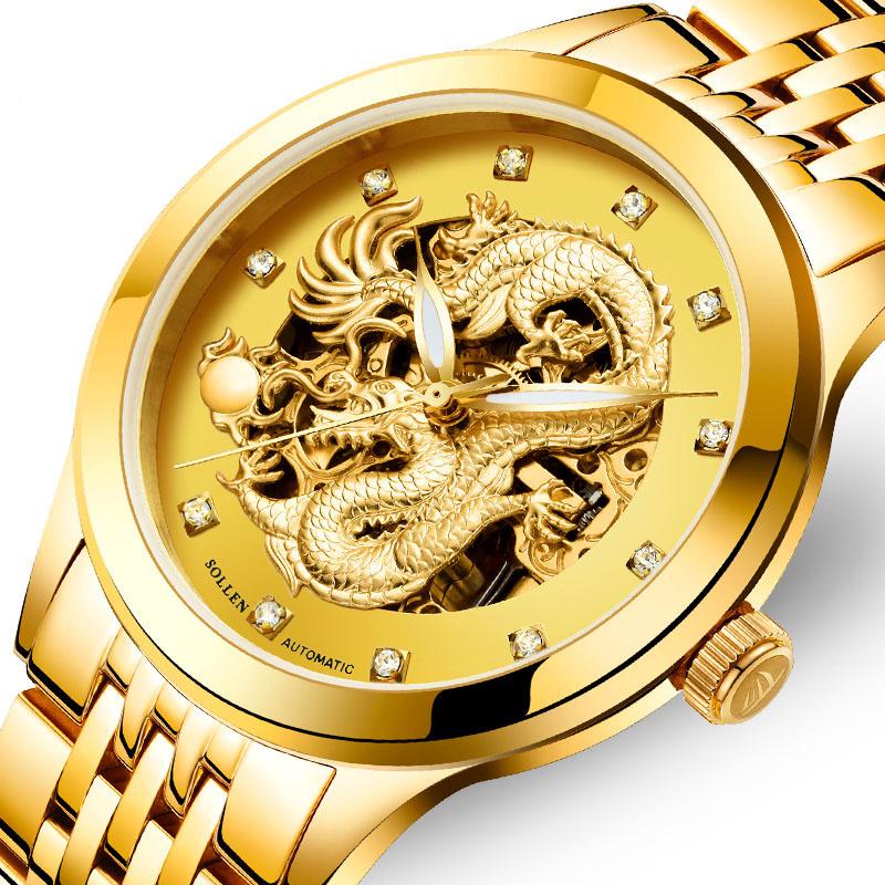 

Wristwatches Switzerland SOLLEN Automatic Men's Mechanical Watch Luxury Dragon Design Luminous Diamond Sapphire Skeleton SL602, Gold face