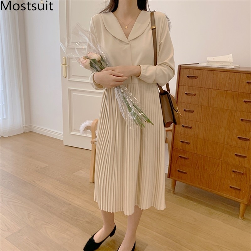 

Autumn Korean Elegant Pleated Dress Women Long Sleeve Turn-down Collar Fashion Solid Ladies Dresses Vestidos Femme 210518, Apricot