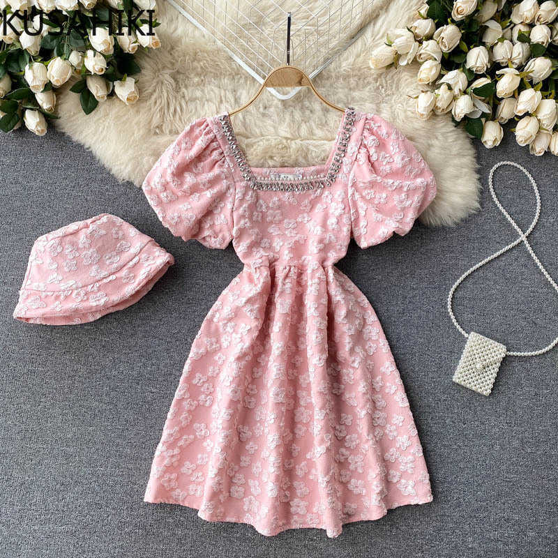 

Summer Woman Dress Korean Floral Jacquard Dresses Beads Square Collar Puff Sleeve Sweet Vestidos Mujer 6H352 210603, Pink