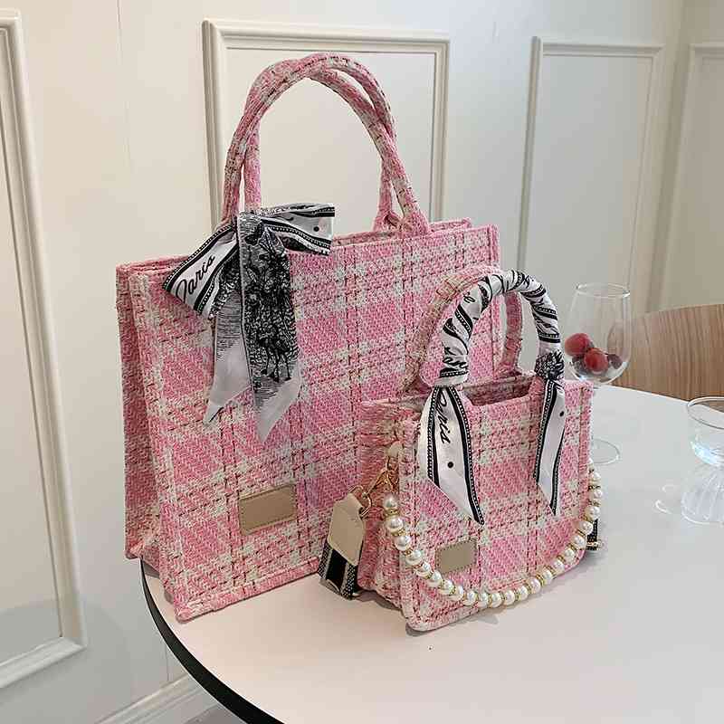 

2021 new Plaid canvas women's bag ins fashion pearl chain portable Tote Bag trend, Black