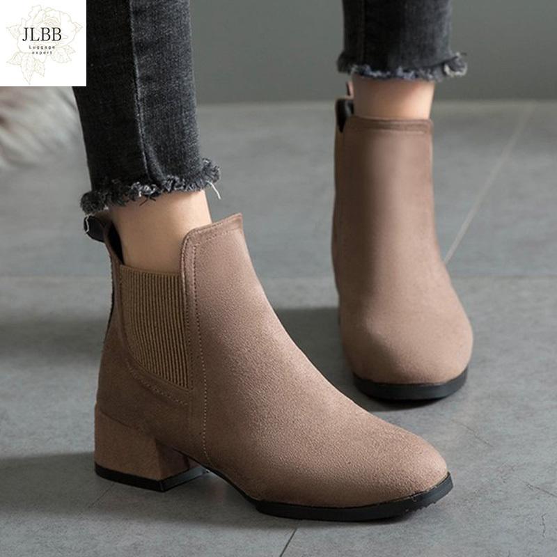 

Women Boots Autumn Flock Ankle Comfortable Slip-on Round Toe Square Heel Solid Casual Black/Camel Booties Shoes