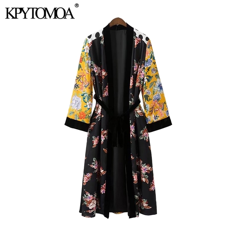 

KPYTOMOA Women Fashion Patchwork Velvet With Belt Kimono Blouses Vintage Floral Print Cardigan Female Shirts Chic Long Tops 210401, As picture