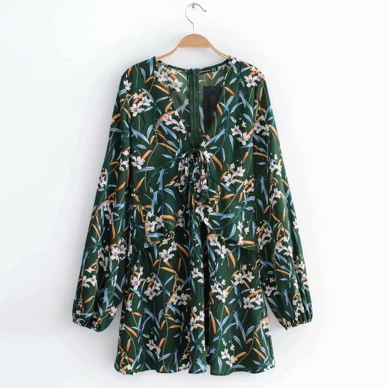 

women vintage floral leaves print v neck ruffles mini dress ladies long sleeve vestidos bandage lace up party dresses DS1691 210603, As pic ds1691jj