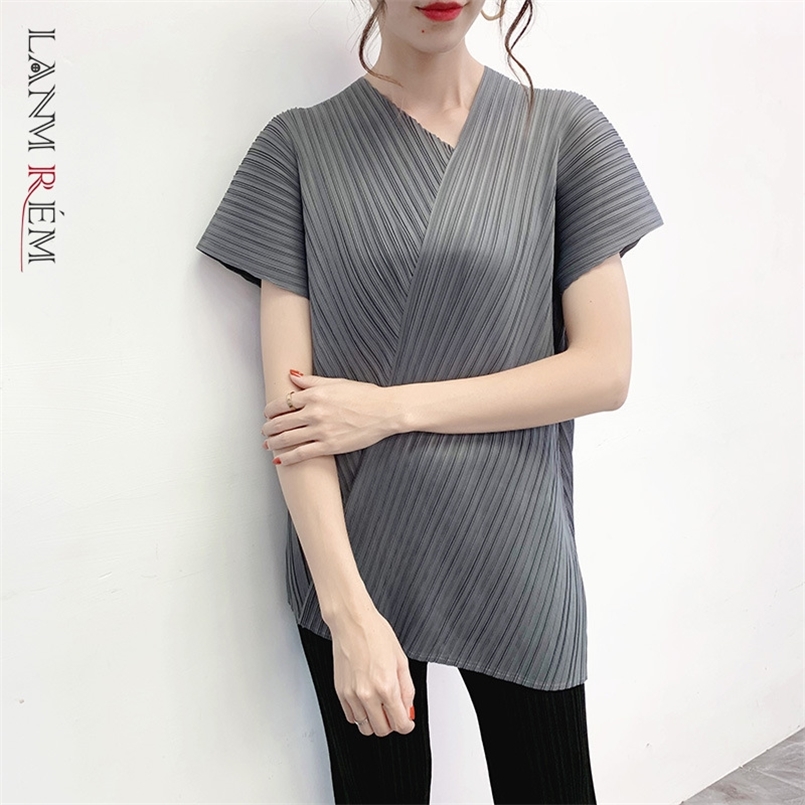 

LANMREM spring summer pleated clothing for women v collar loose casual short sleeve tops famale irregular fashion WH725 210708, Beige